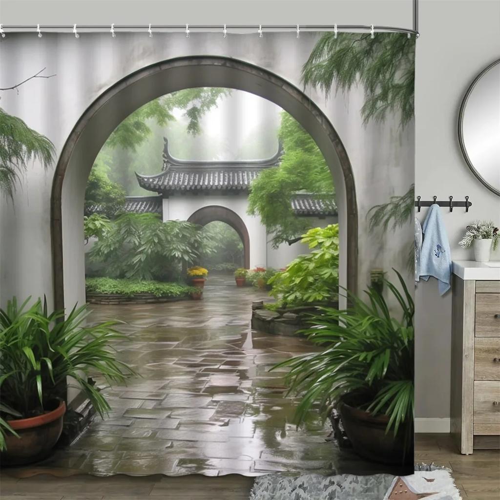 Шторка для душа в китайском стиле, винтажная деревянная доска, садовая постройка, зеленые растения, бамбуковый узор, декор для ванной комнаты, комплект штор