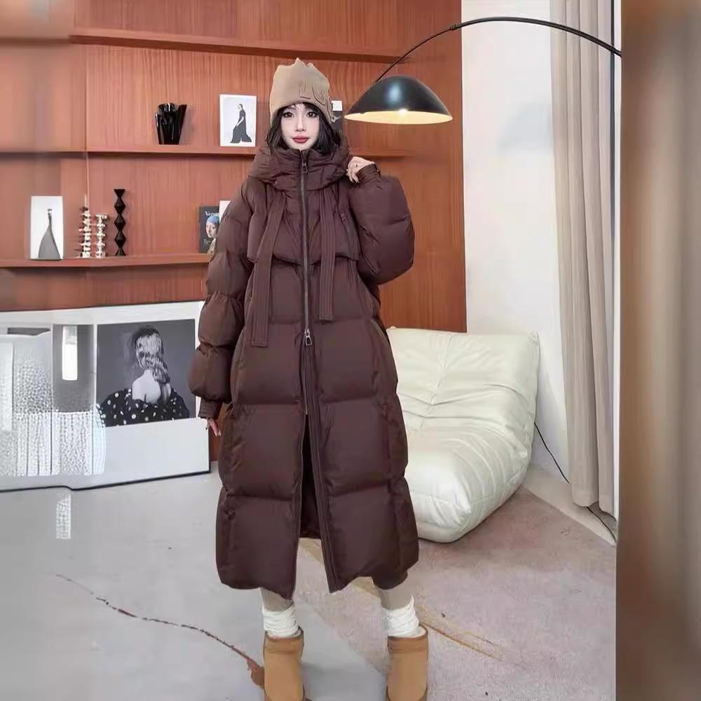 Женская зимняя осенняя куртка-пуховик с капюшоном из белого утиного пуха, длинное однотонное свободное пуховое пальто с воротником-стойкой