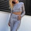 2Pcs/Set Women Party Outfit Set Cropped Tops O-neck Long Sleeve Tassel Sequin High Waist Wide Leg Long Pants Set