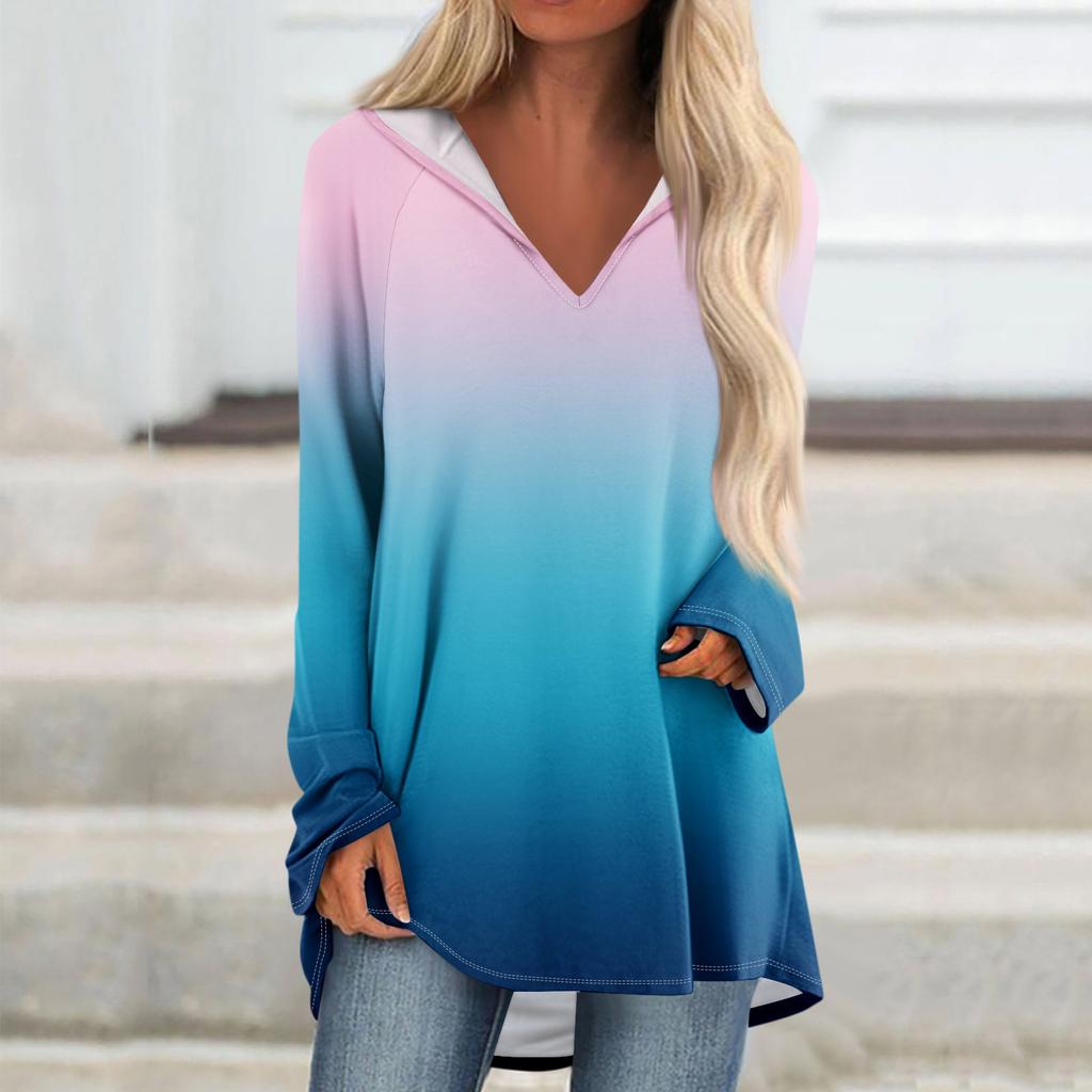 Women's V-neck Hooded Loose Long-sleeved Tops Casual Tops Home Leisure Pajamas Tops