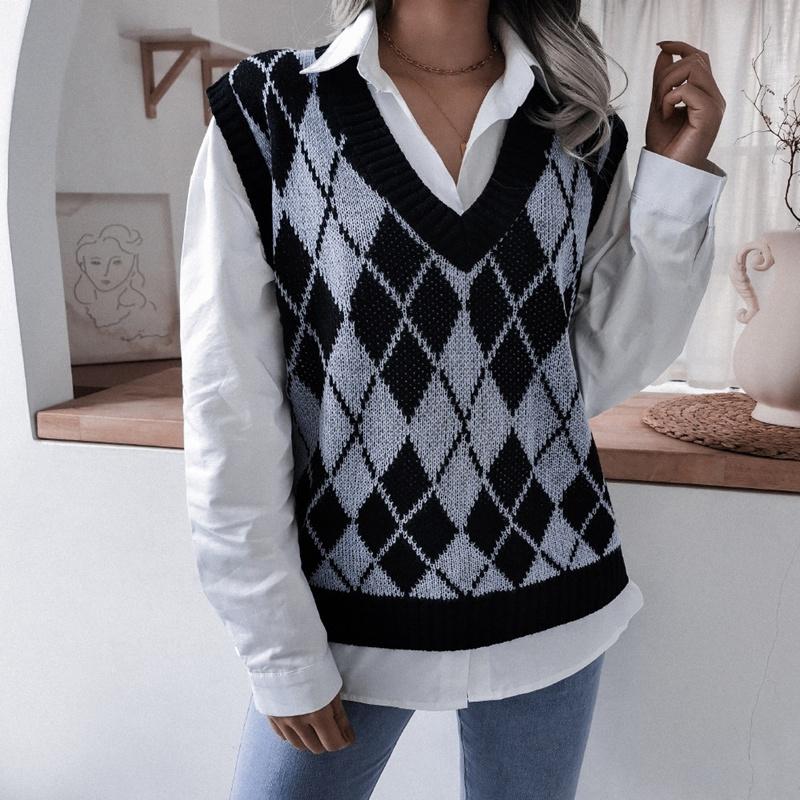 Женский вязаный жилет на весну и осень, свитер, джемпер, пуловеры, топ с v-образным вырезом без рукавов, ромбовидная лоскутная строчка SL