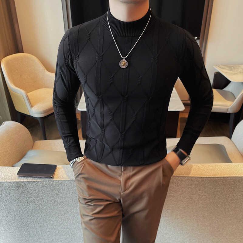Men's Slim Fit Korean Style Half Turtleneck Knit Sweater - Long Sleeve, Versatile, and Stylish for Autumn and Winter