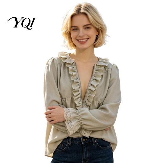 Daily Wear Blouse Women Half Zipper V-Neck Blouse, Bohemian Long Sleeve Ruffle Top, Spring Fall Tops Solid Color Loose Fit Pleated Shirt for