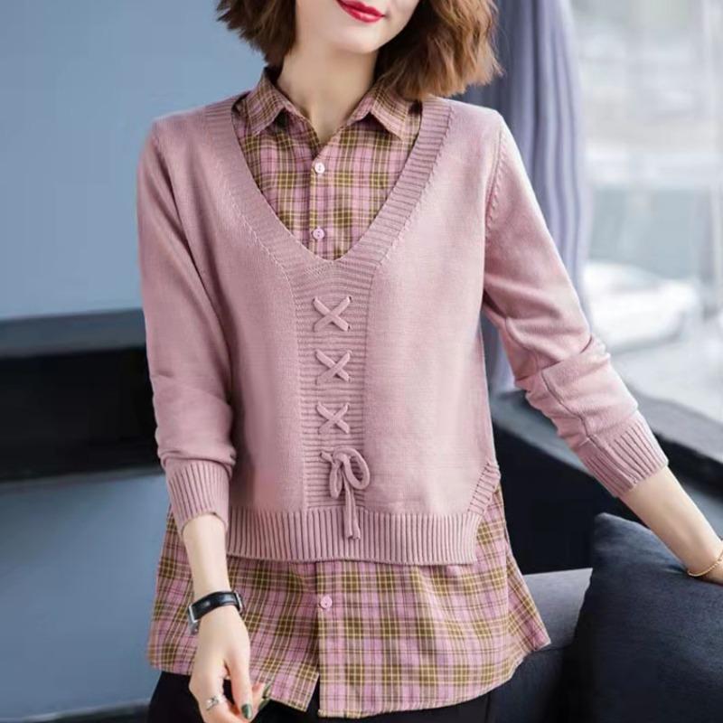 Classic Pullover Knitted Sweater for Women with V-neck Tie Two Pieces of Autumn Winter Loose Long Sleeved Sweater Women's Base Shirt