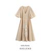 Kaslead New Women Clothes Western Style Fashion Simple Plus Size Casual Embroidery V-neck Puff Sleeve Dress