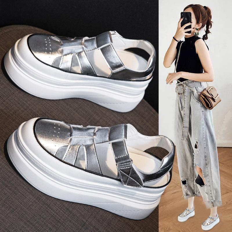 Новая ретро женская обувь на толстой подошве с полыми носками и универсальная обувь, увеличивающая рост