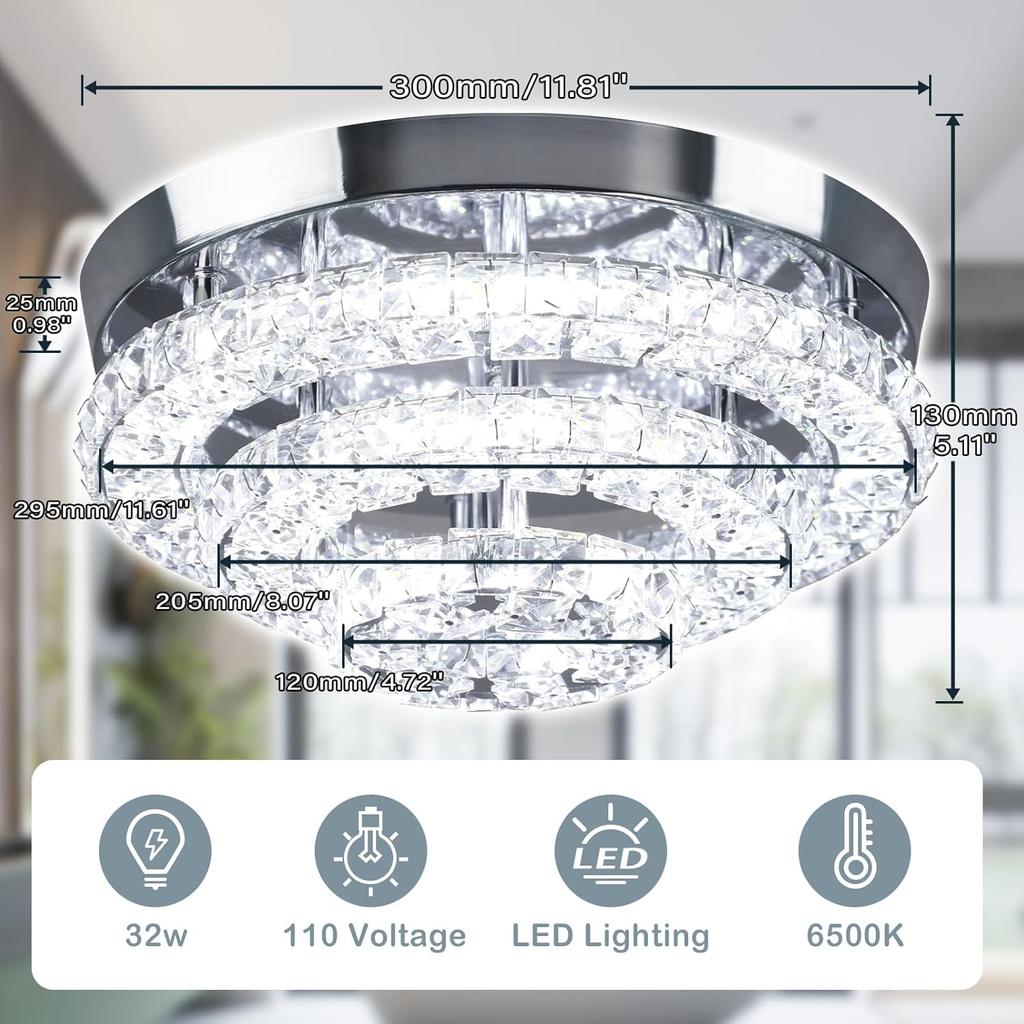 11.8 Inch Crystal Chandelier Modern Crystal Ceiling Light LED Chandelier Semi Flush Mount Chandelier Cool White