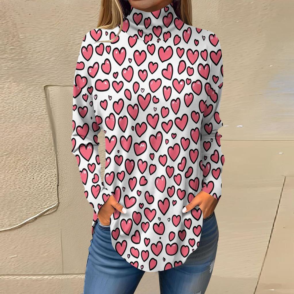 Футболки для женщин, осенние повседневные рубашки с длинным рукавом, толстовка с принтом, топ с высоким воротом, пуловер