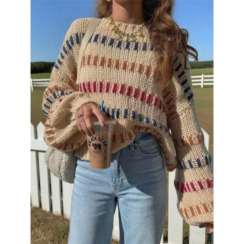 Women S Vintage Color Block Knitted Oversized Batwing Sleeve Sweater
