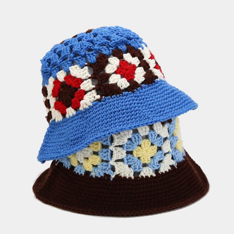 Artistic Bucket Hat - Color Block Knit with Floral Embellishments Foldable & Packable Vacation Style Crochet Hats