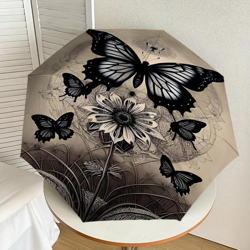 1pc Butterfly Flower Automatic Open/Close Umbrella Compact Folding Umbrella with 8-Rib Shaft for Women/Men, Elegant Birthday1224S