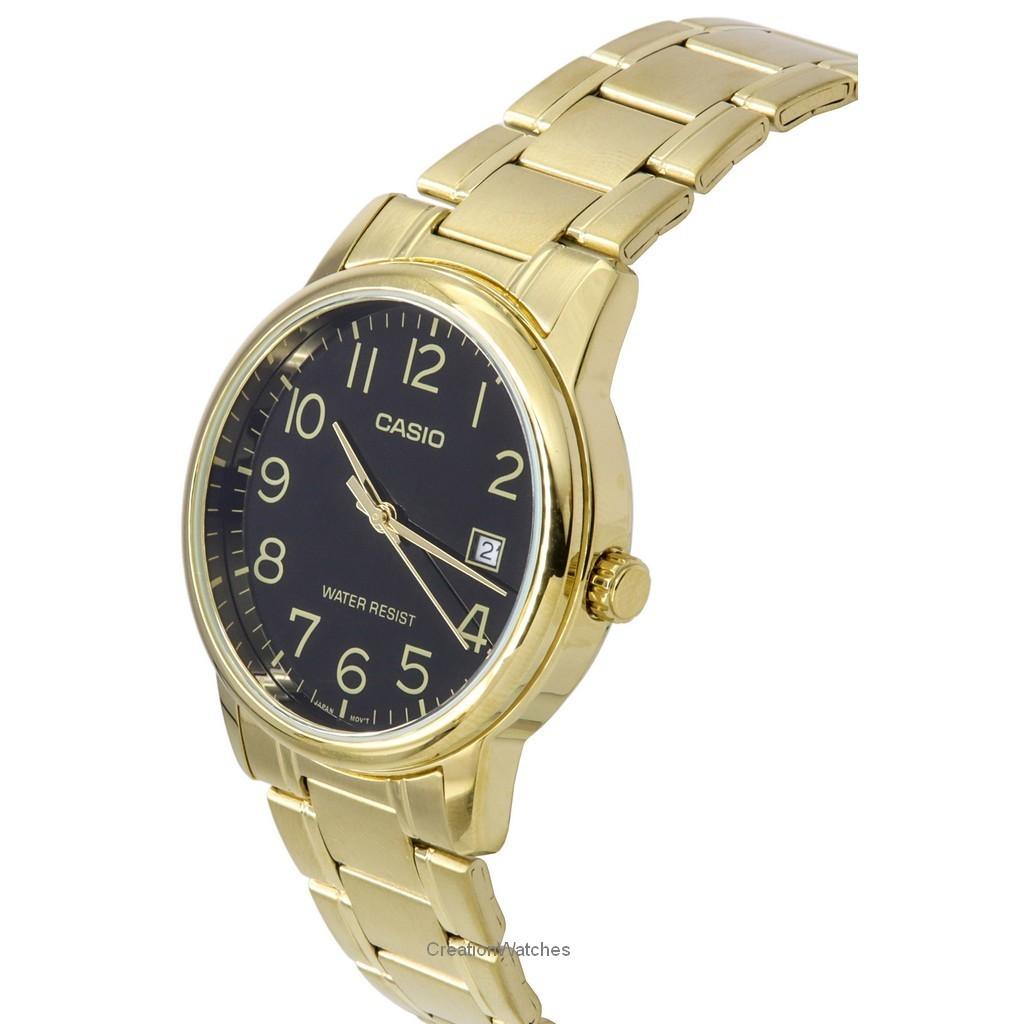 Casio Аналоговые кварцевые часы MTP-V002G-1B из нержавеющей стали золотистого оттенка с черным циферблатом для мужчин