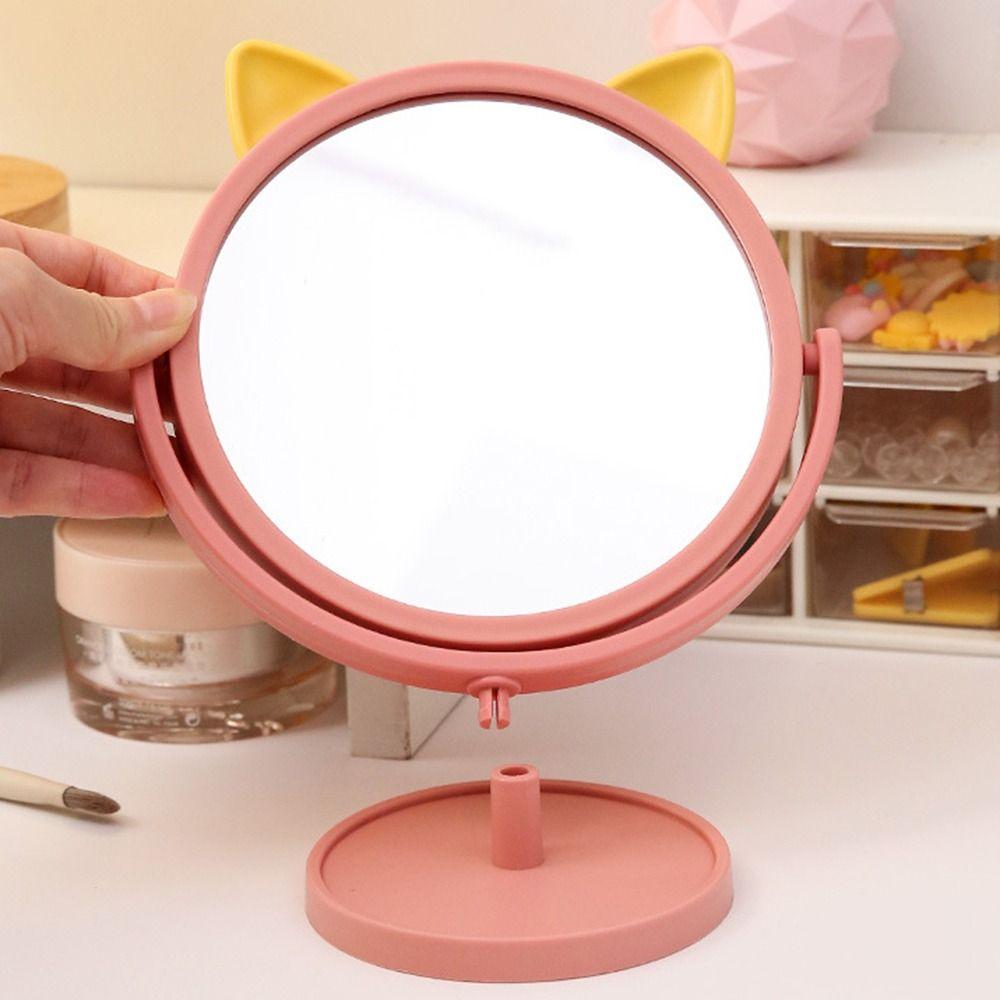 Cute Desktop HD Vanity Mirror Cat Ear 360 Rotation Single Side Makeup Mirror Multifunctional Adjustable Makeup Princess Mirror