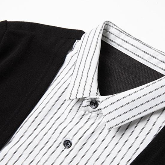 Мужская рубашка, имитация двухкомпонентного кардигана с отложным воротником, однобортная, в полоску, с длинными рукавами, подходящего цвета, трикотажная, официальная