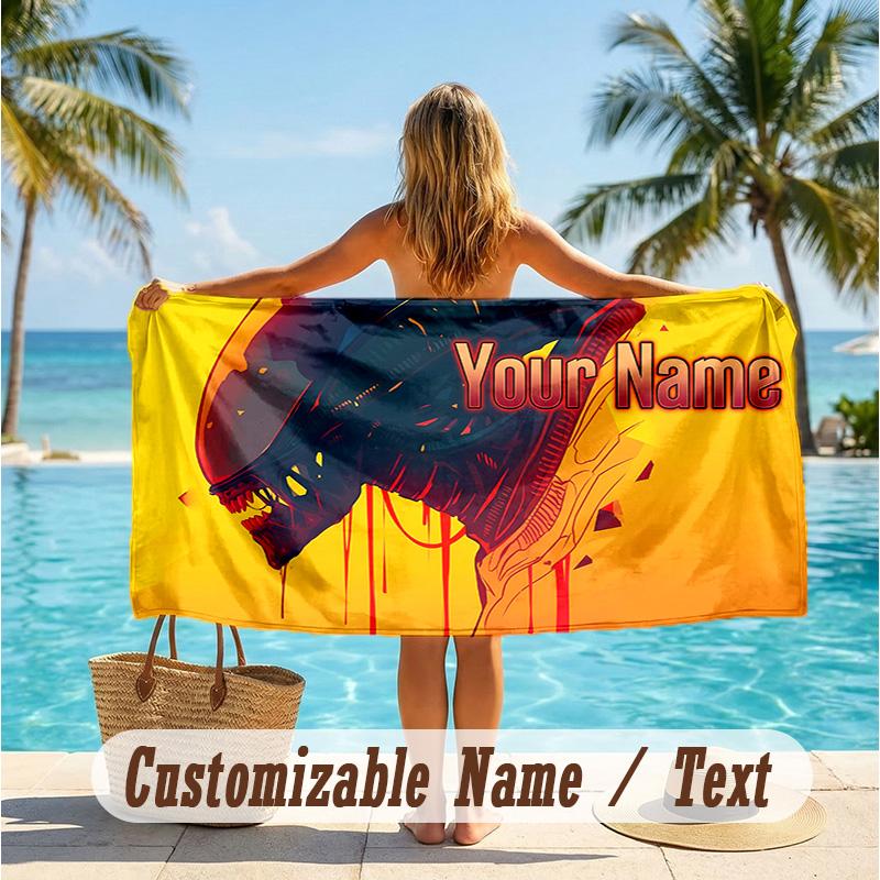 Custom Text Beach Towel, Soft Absorbent Swimming Multi-use TowelAlien Xenomorph