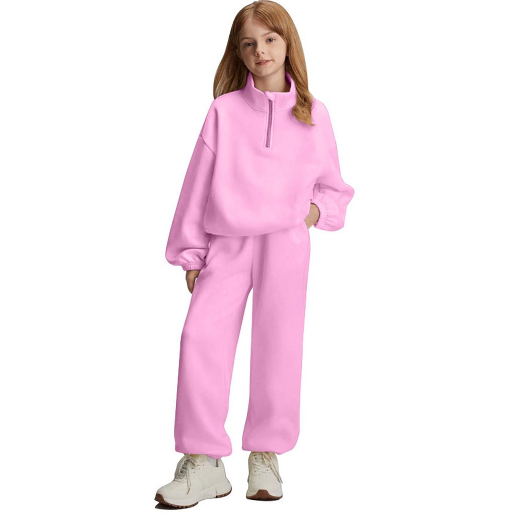Girls' High-Neck Half-Zip Sweatshirt + Long Pants Sports Fleece Casual Children's Set
