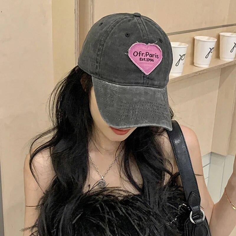 Винтажная бейсболка из стираного хлопка для женщин, кепка в стиле хип-хоп с вышивкой в ​​виде сердца и сердца, мягкий топ для девочек, шляпа дальнобойщика для папы
