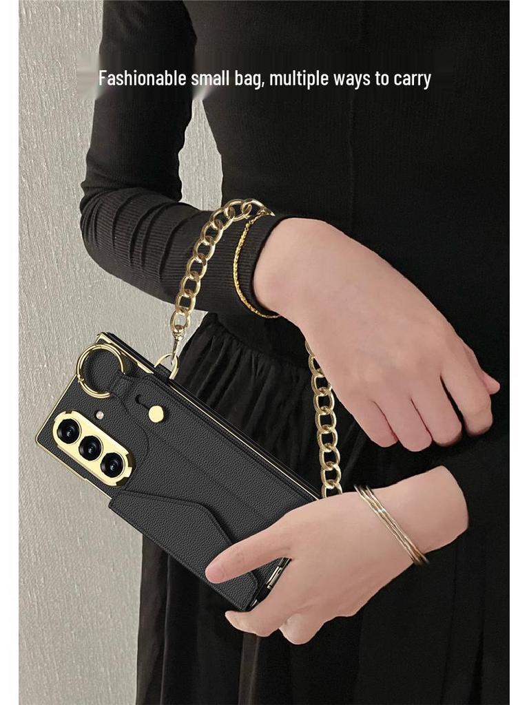 Samsung Z Fold7 Wristband Case: Fashionable Electroplated Leather with Card Holder and Lanyard