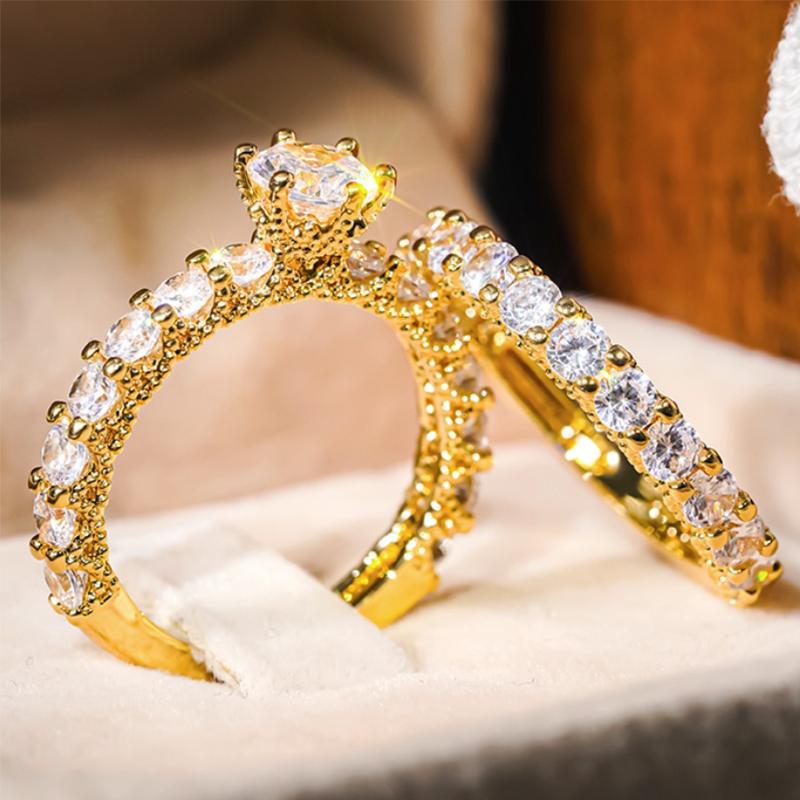 Huitan Gold Color Luxury 2Pcs/Set Rings With Shing Cubic Zirconia For Women Wedding Party Engagement Fancy Accessories Zircon
