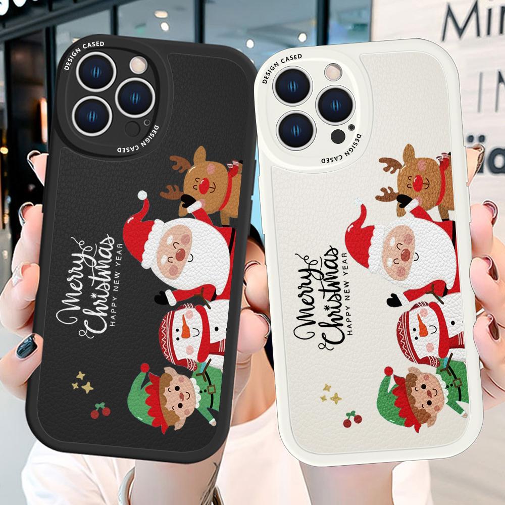 Slim Cartoon Santa Christmas Snowman Elk Leather Back Casing PU Leather Cover Phone Case for Huawei Honor Infinix iPhone Vivo