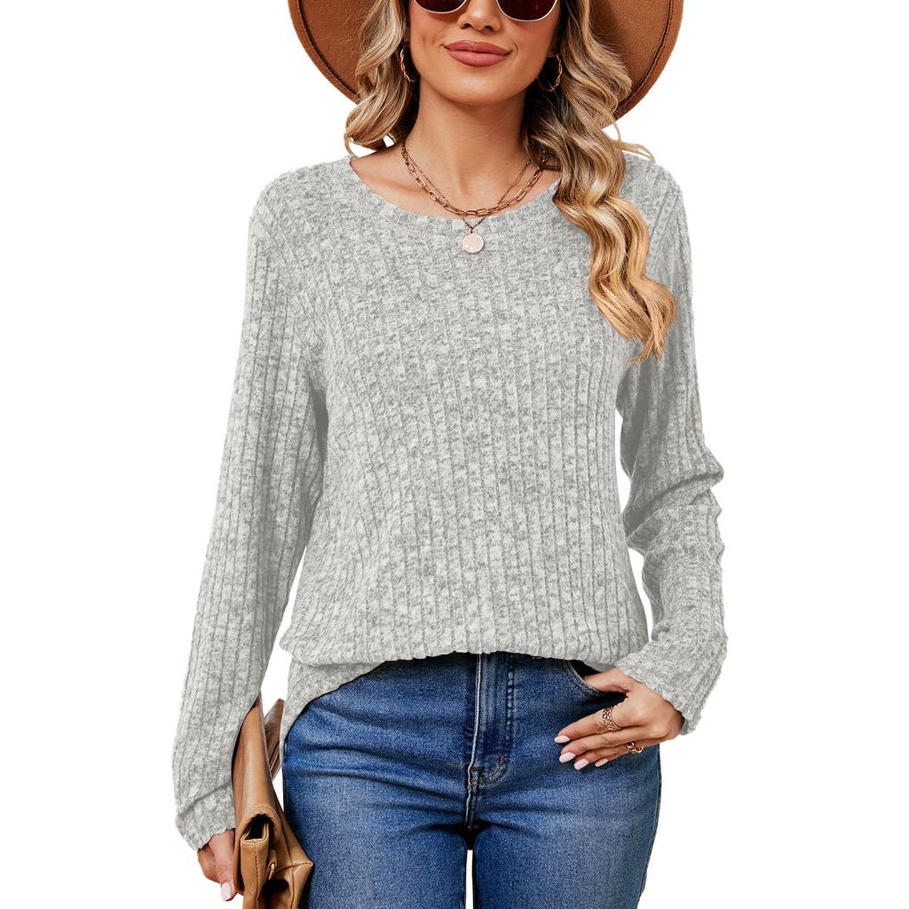 Spring Autumn Solid Top for Women Round Neck Loose Long Sleeve T-shirt