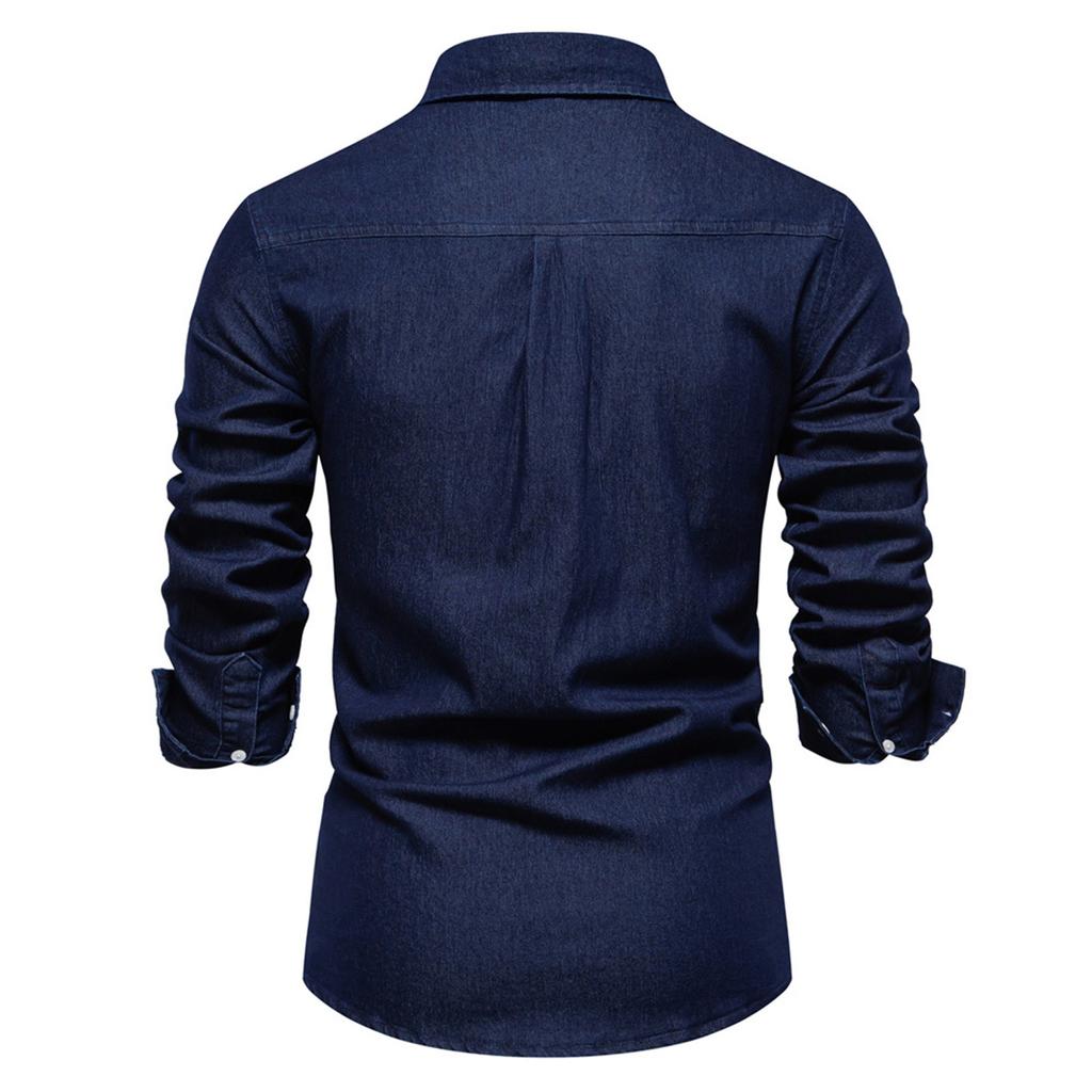 Men's Lapel Solid Color Button Denim Shirt Men's Casual Pocket Long Sleeve Washed Shirt