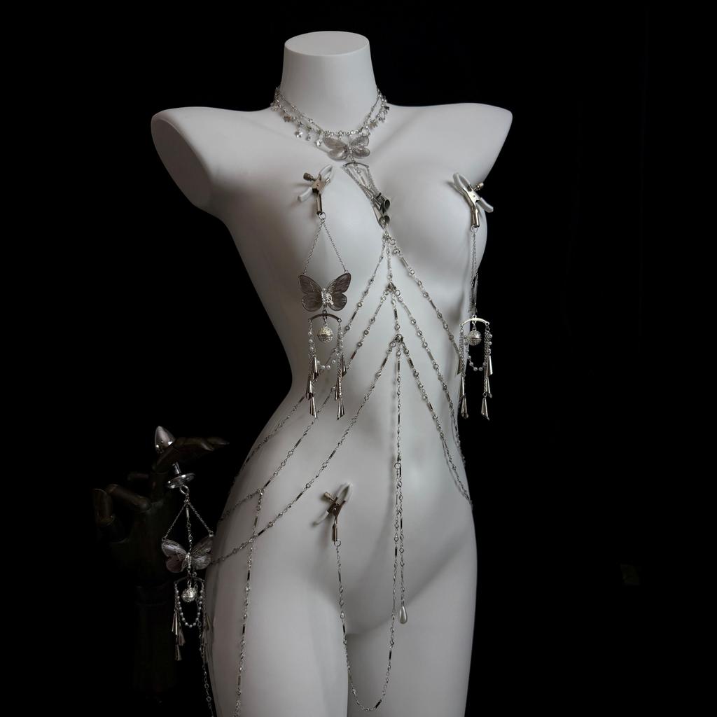 Sexy Body Chain Butterfly Nipple Clamp Breast Massager BDSM Necklace Nipple Ring Anal Plug Clitoris Clip Anal Stimulator Adults