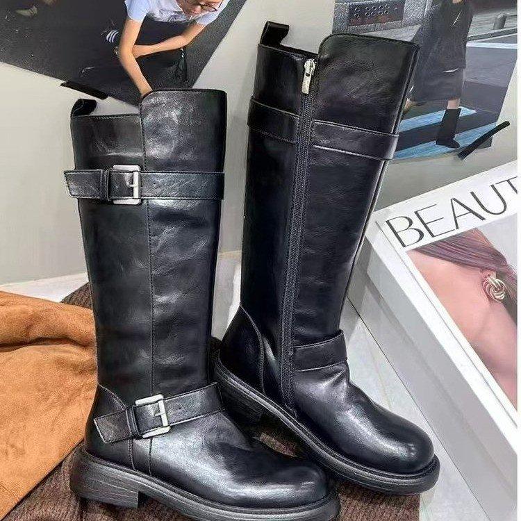 [Издание из коровьей кожи] Эстетика дюн~ Флисовые Ретро Двубортные Полусапоги средней высоты в западном стиле Женские Рыцарские сапоги Зима