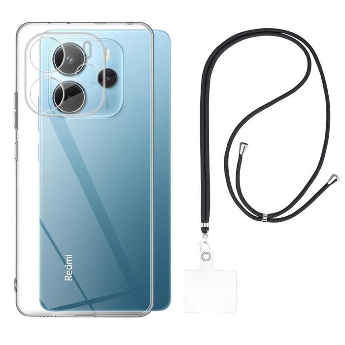 Чехол и шнурок для Xiaomi REDMI NOTE 14 4G (Европейская версия) - Прозрачный гибкий черный регулируемый шнурок из ТПУ Phonillico®