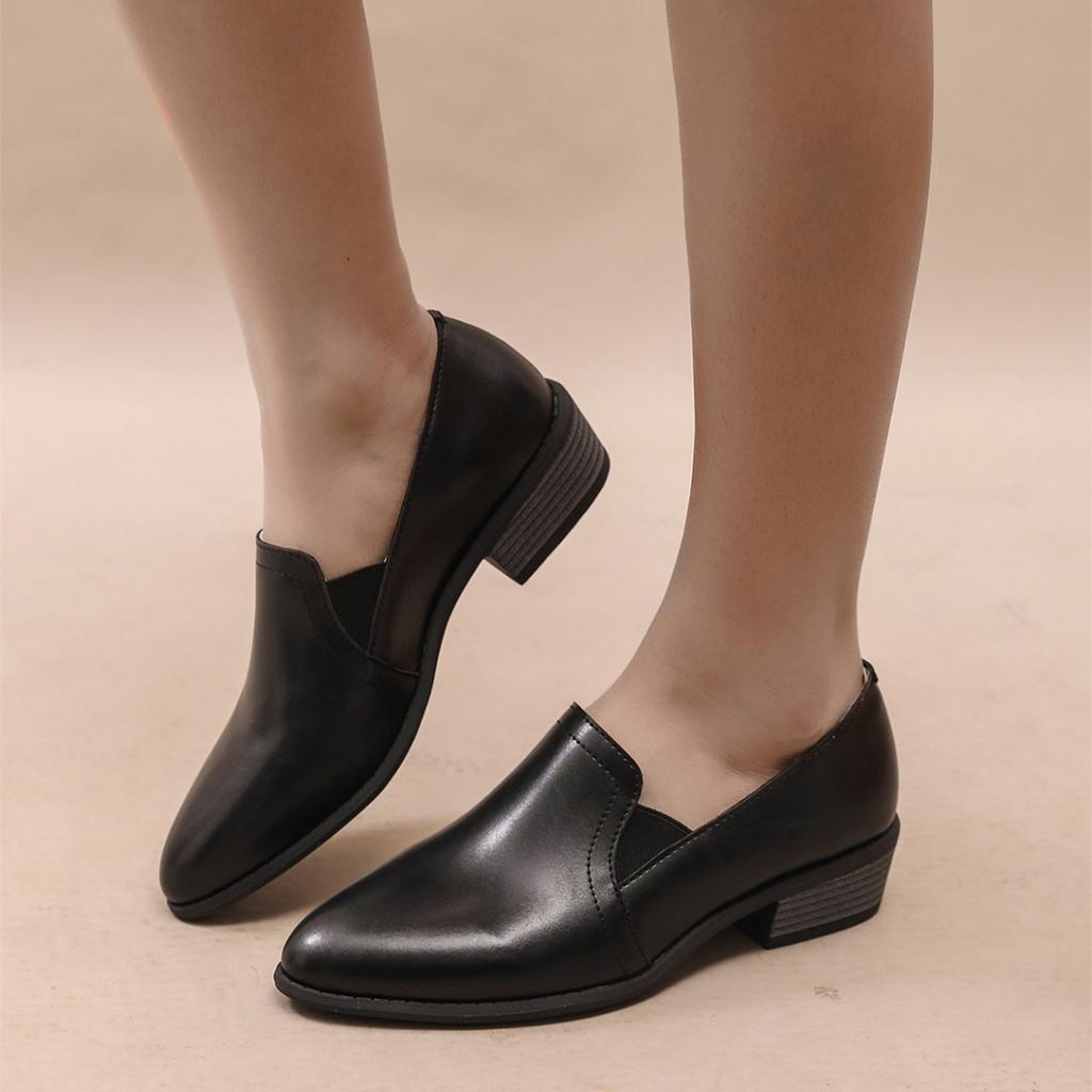 Женская обувь большого размера 2025 года, весна и осень, новые британские туфли в стиле ретро, кожаные туфли с острым носком, глубоким носком, толстым каблуком, низкие туфли