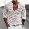 Весна Осень Модные Длинные Рукава Мужские Футболки Пуговица Генри Воротник Футболка Для Мужчин Винтаж Полосатые Футболки Топы