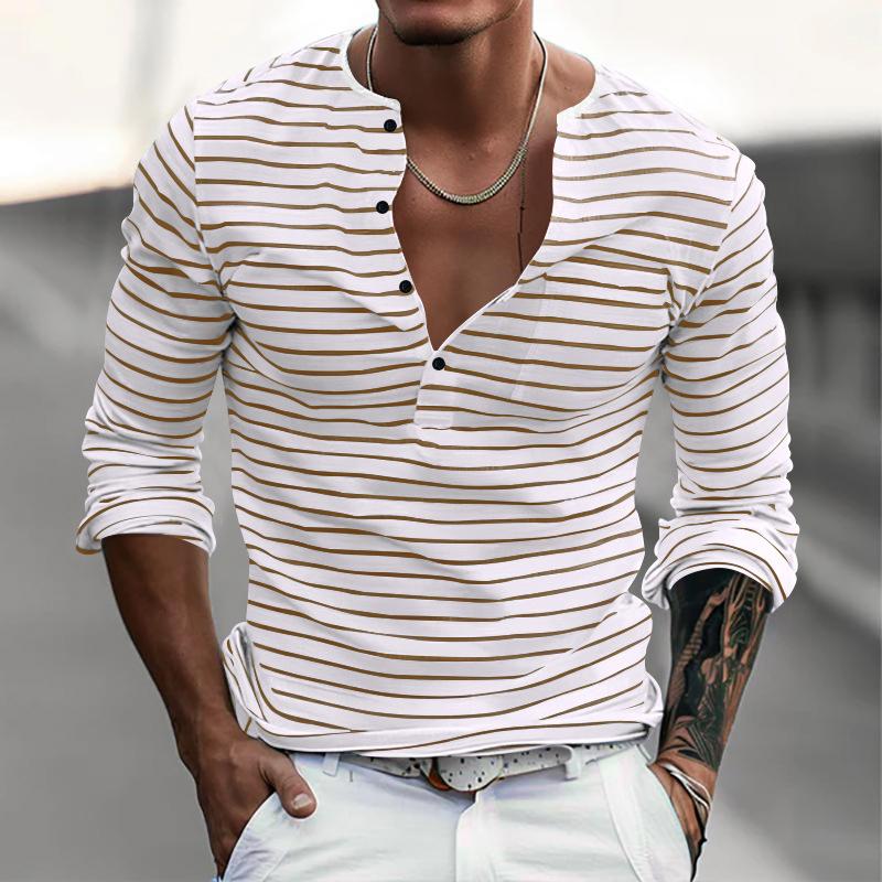 Spring Autumn Fashion Long Sleeve Men's T-shirts Button Henry Collar T Shirt For Men Vintage Striped Tees Tops