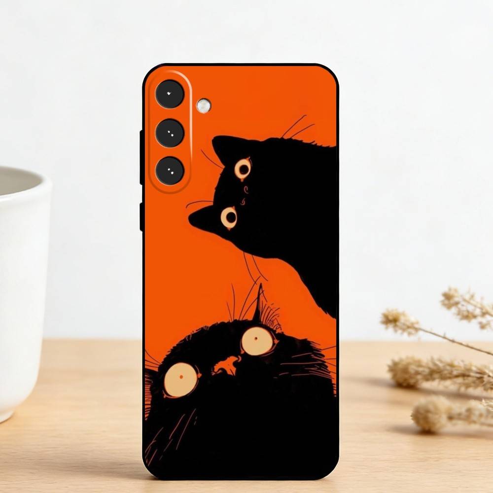 C-Cute Black White Cat Phone Case For Samsung Galaxy A73,A72,A71,A70,A53,A52,A51,Others Soft Black Cover