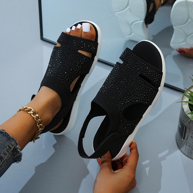 Summer Velcro Fly-woven Elastic Cloth Fish Mouth Sandals Women's Breathable Large Size Hollow Rhinestone Sandals Siz-3