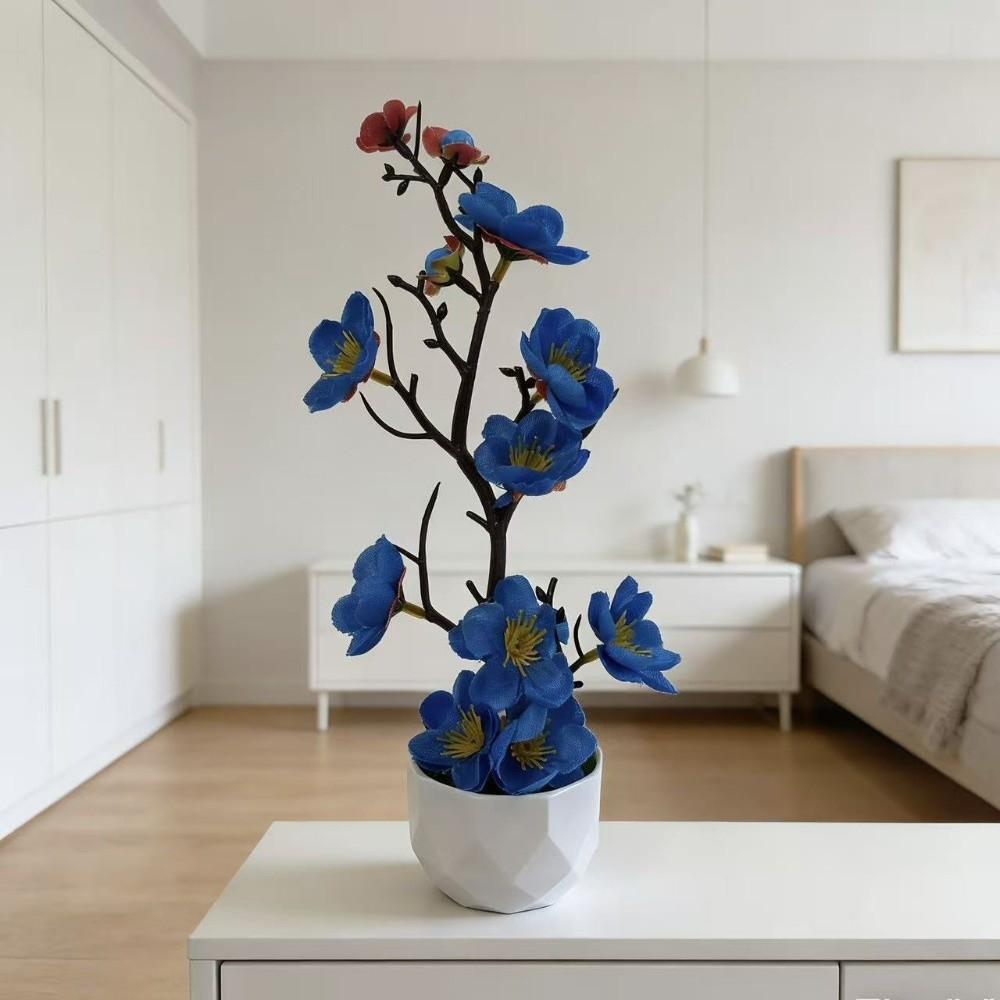 Red Fake Wintersweet Flower Bonsai with White Pot Artificial Faux Plants Living Room Ornaments