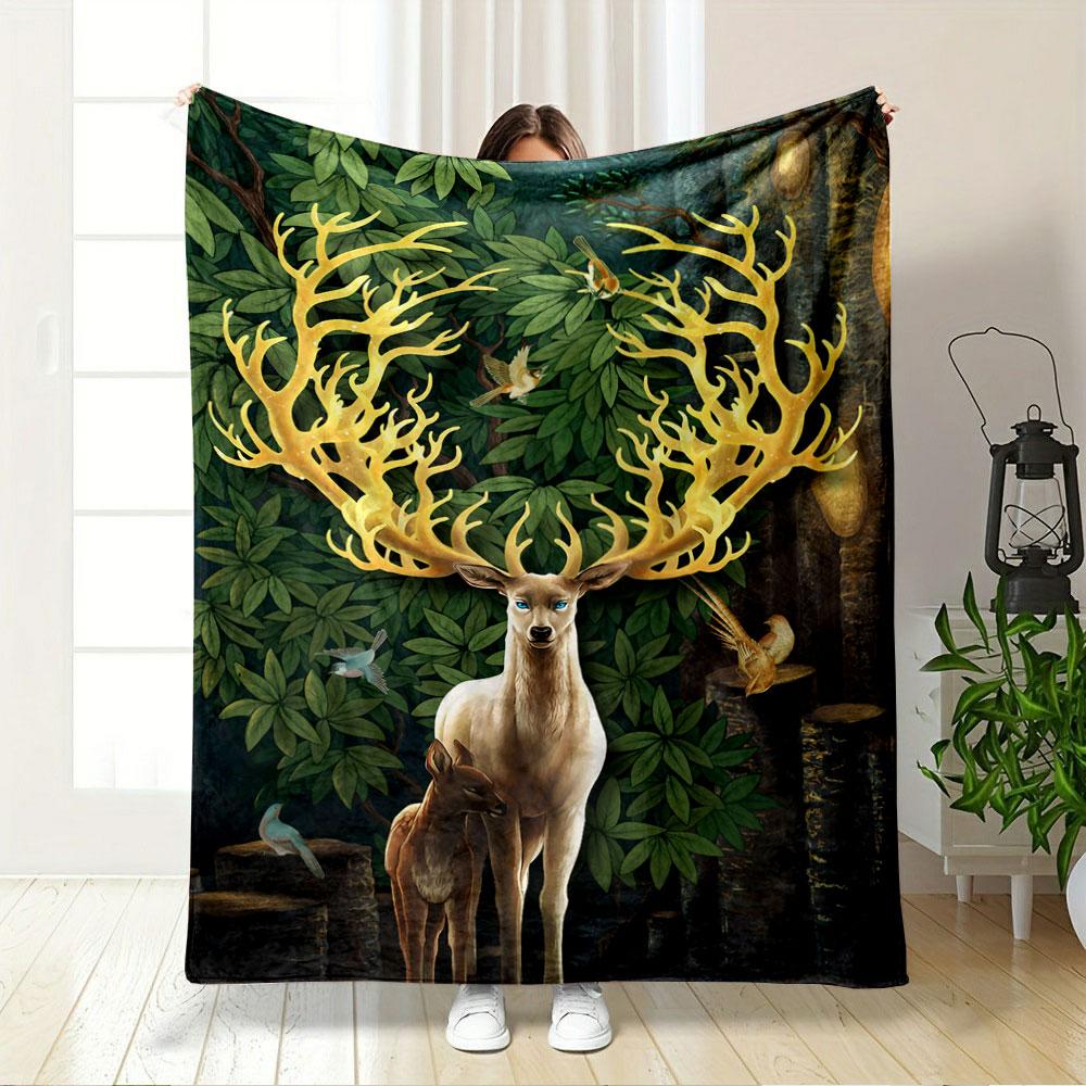 Glowing antlers, leafy forest backdrop, birds, and two deer in focus. for all seasons blanket lunch break throw gift