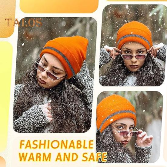 Men Outdoor Hat with Reflective Stripe High Elasticity Keep Warm Solid Color Folded Brim Nocturnal Sport Cap High-Visibility Knitted Headwear for
