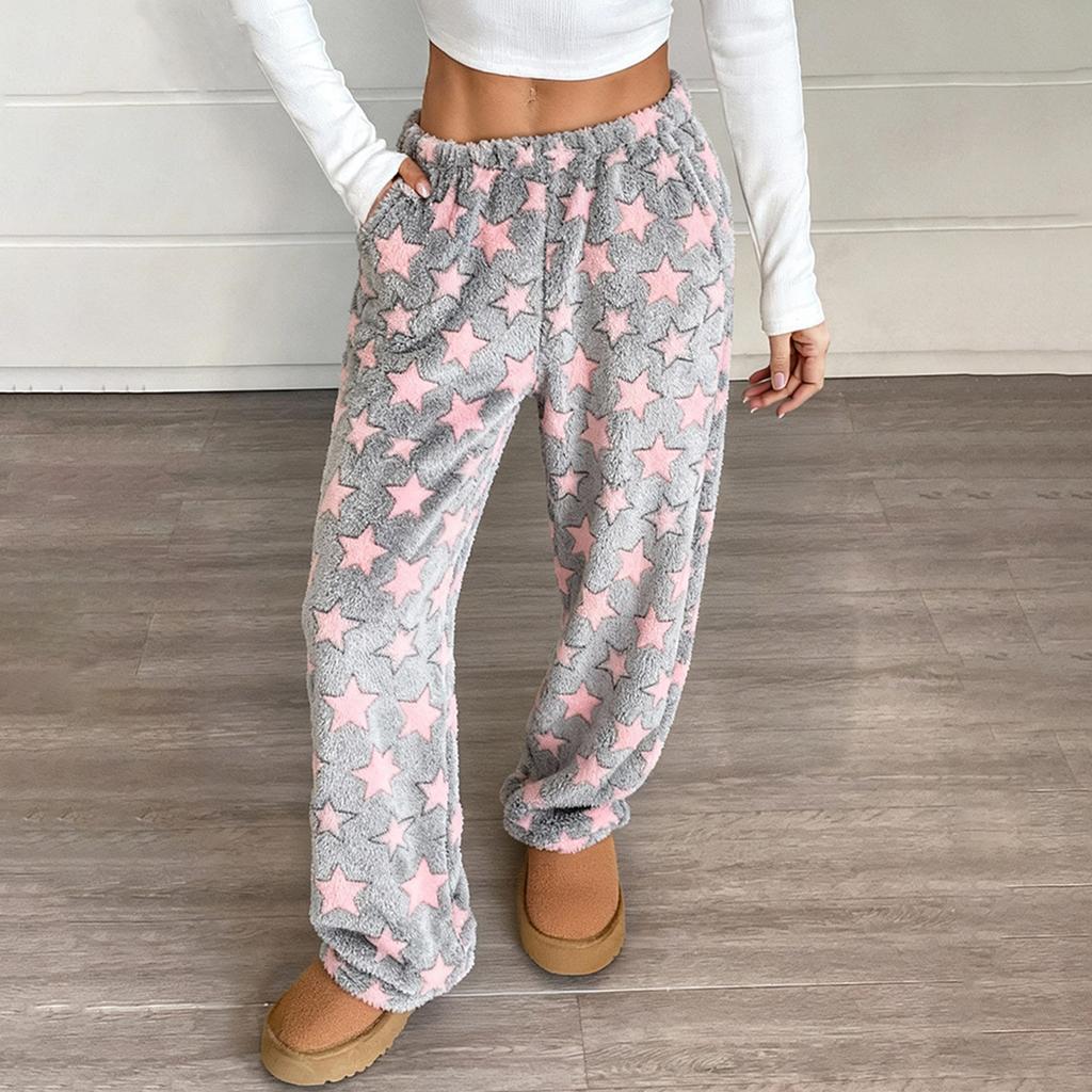 Women's Pajama Pants, Plush Pajama Pants, Soft Elastic Waist Pajama Pants, Star Pants With 2 Pockets