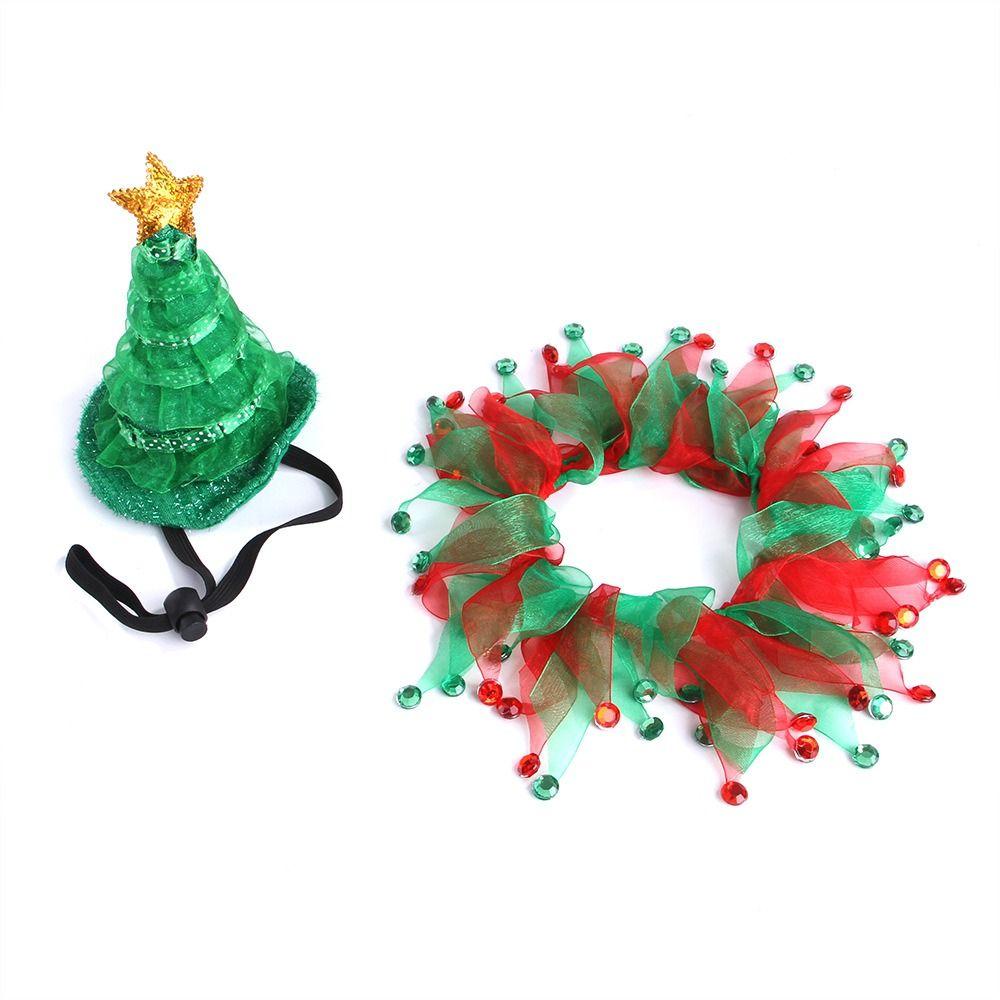 2Pcs Small Dogs Pet Christmas Costume Suit Green Shiny Hat Pet Headwear Birthday Party
