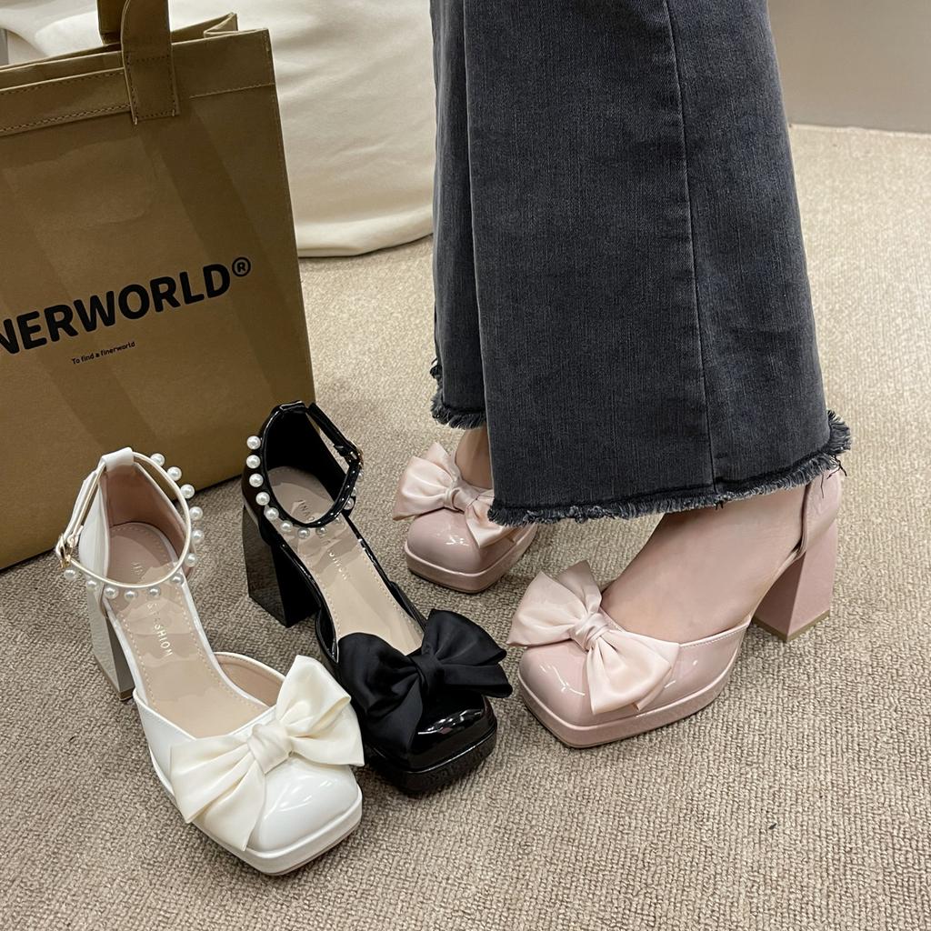 Sweet Bag Head Sandals Women's Spring and Summer New Fashion Bow Fairy Thick Heel Non-slip Mary Jane High Heels