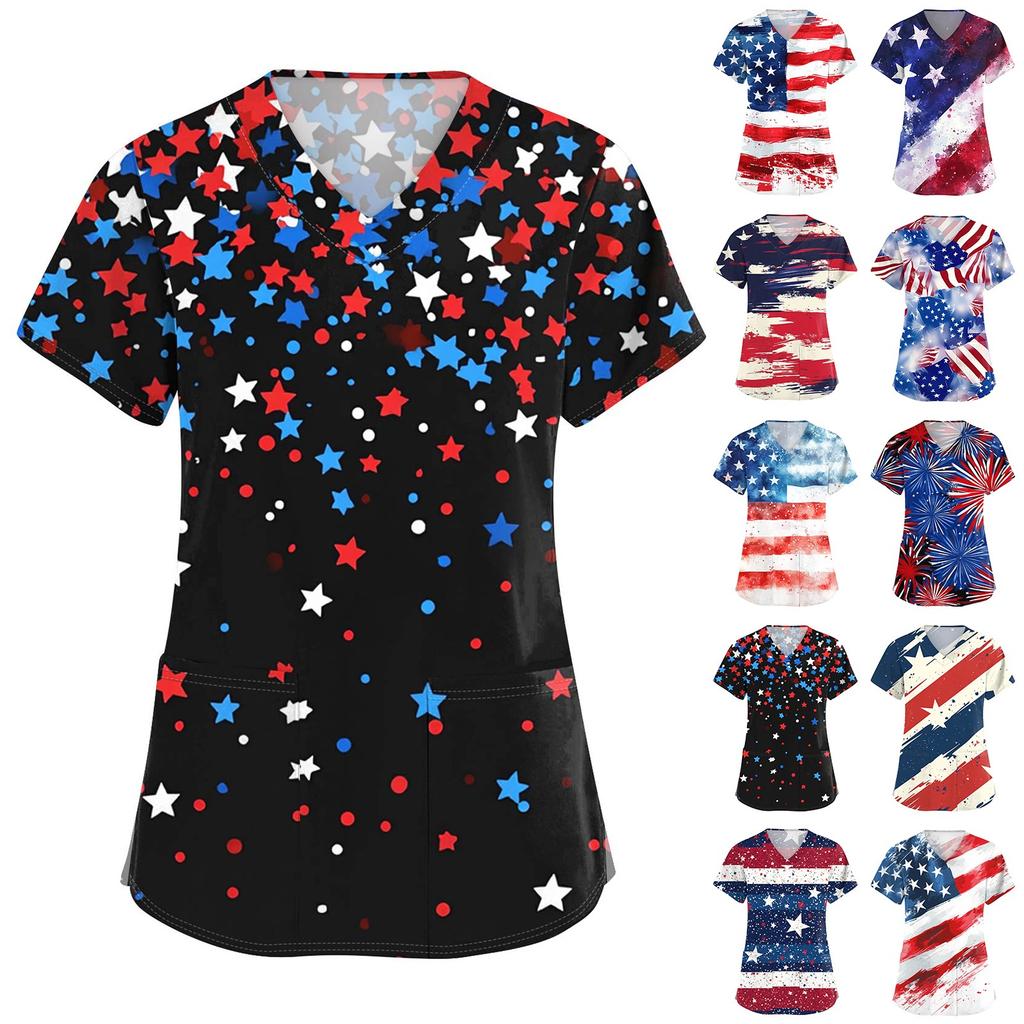 Women's Short Sleeve Independence Day Printed V-Neck Pocket Workwear Top