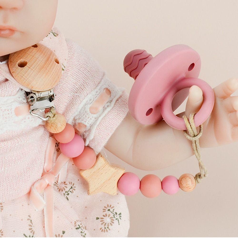 Star Pacifier Holder Clips Wood Baby Teether Toys Straps Anti-lost Baby Pacifier Chain  Toddler
