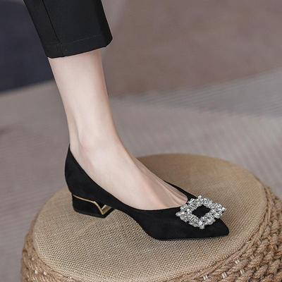 Женские рабочие туфли 2024 года, черные, со стразами — одинарные, каблук средний-толстый, подошва мягкая