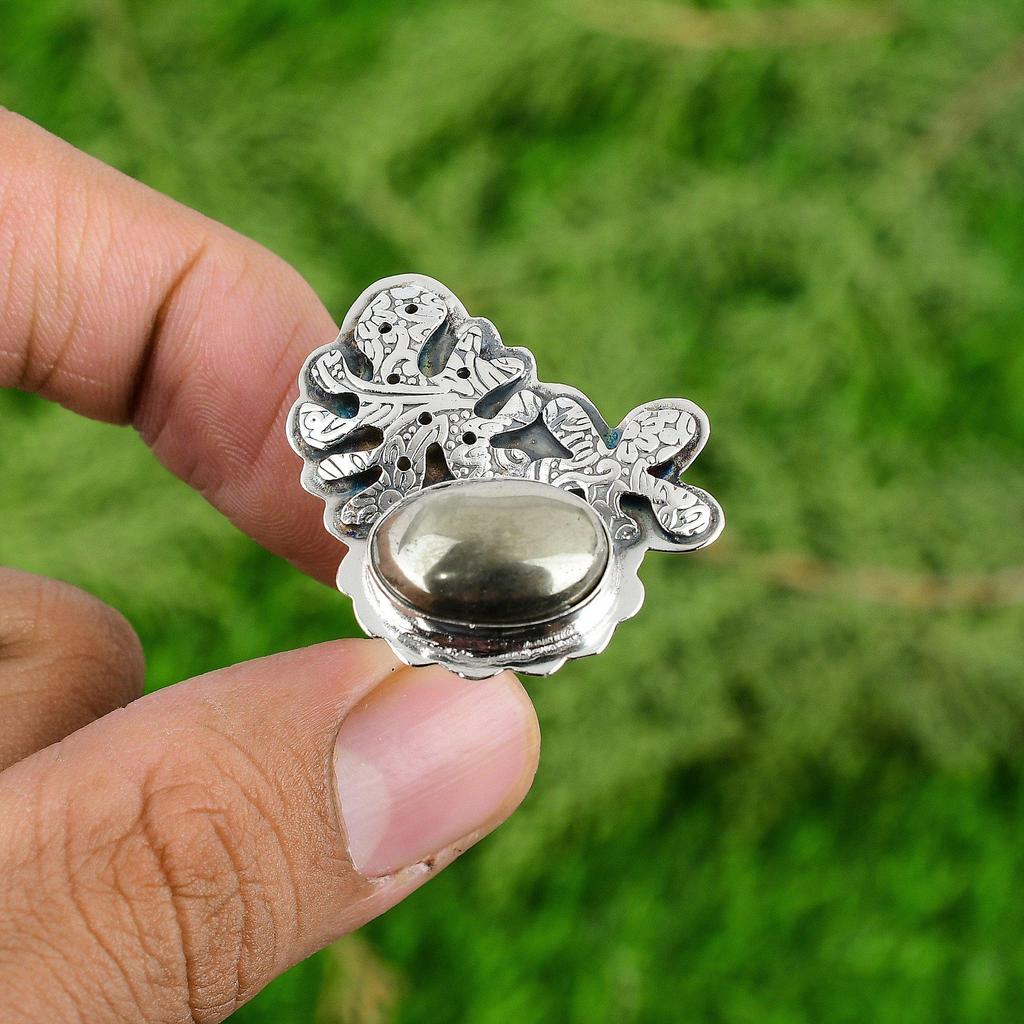 Gift For Her 925 Silver Natural Pyrite Gemstone Stackable Adjustable Ring