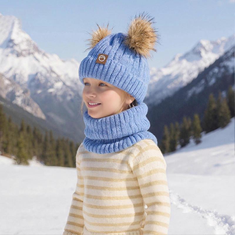 3Pcs/Set Children Winter Hat Scarf Gloves Set Plush Lining Fluffy Ball Decoration Knitting Hat Neckerchief Gloves Set