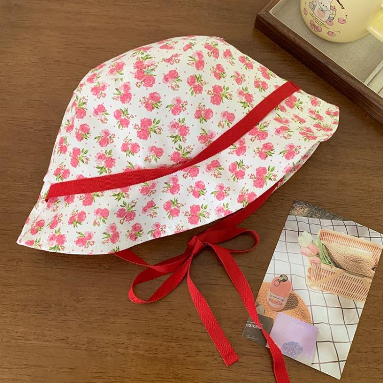Female Floral Tie Fisherman Hat Spring and Summer Bucket Hat Large Brim Sun Shading and Sun Protection