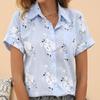 Women Cotton Linen Shirt Turn Down Collar Single Breasted Blouse White Yellow Blue Tops Summer Short Sleeve Floral Print Shirts