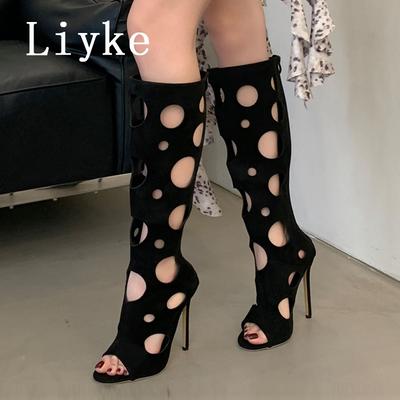 Мода Liyke Летний Римский Стиль Ажурные Длинные Сапоги Сандалии Женская Мода Пип-Тоу Молния Шпильки Сапоги до Колена Женская Сандалии