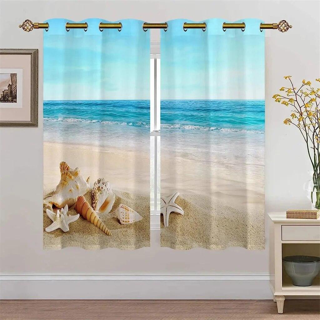 Summer Beach Starfish Sea Natural Sky Tree View Window Curtain For Living Room Kids Bedroom Bathroom Kicthen Door Home Decor