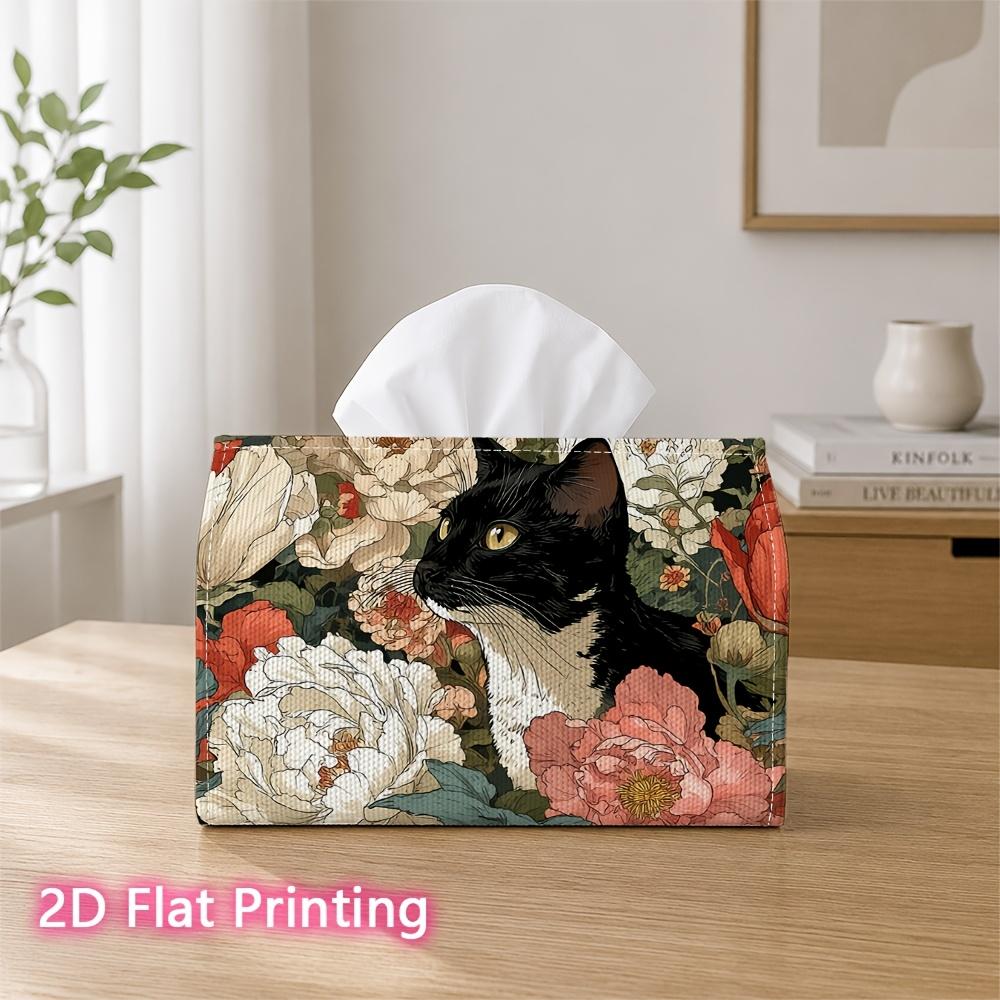 1pc 2D Flat Printed 17.78X10.92X12.95cm Tissue Box Black Cat And Garden Blooms Suitable for Tissues/Roll Paper/Napkins CJH528S007